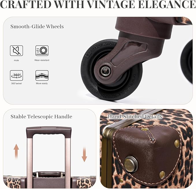 urecity Vintage Suitcase Set for Women, Vintage Luggage Sets for Women 2 Piece, Cute Designer Trunk Luggage, Retro Suit Case, Luggage Zipperless TSA Approved (Leopard, 26"+12") - Image 8