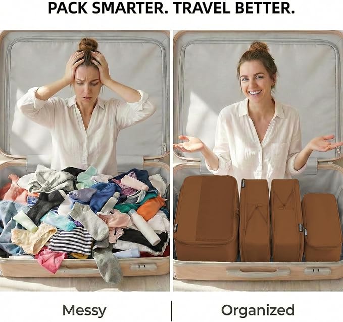 4 Piece Compression Packing Cubes for 3–7 Day Travel, Light Brown | Wrinkle-Resistant Memory Fabric, Breathable Mesh Panel, Double-Zipper, Small to Large Size Bag, Smart Organization - Image 5