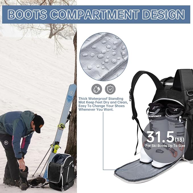 Ski Boot Bag, 50L Ski Boot Travel Backpack for Skis, Snowboard & Accessories, Waterproof Padded Ski Boot Bag Backpack - Image 6