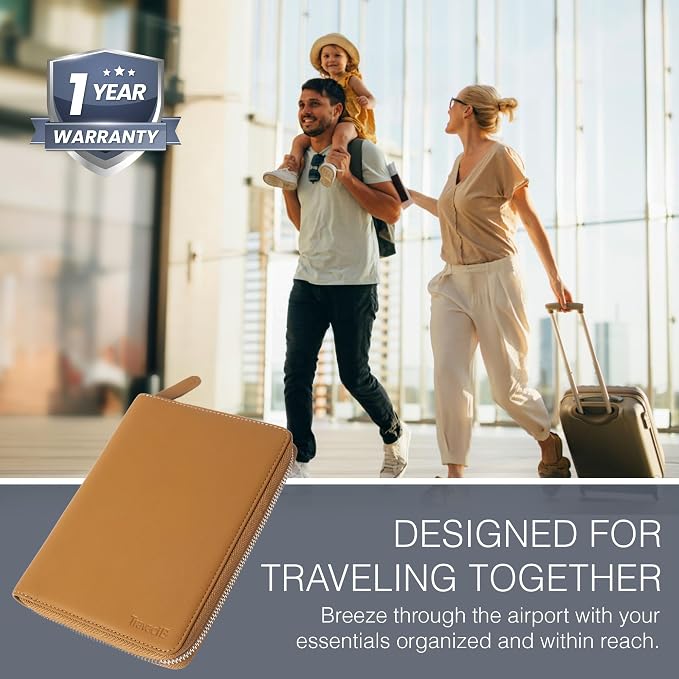 Full Grain Leather Family Passport Holder for 4 Passports - RFID Passport Holder and Travel Document Organizer - Large Leather Travel Wallet for Families - Camel - Image 3