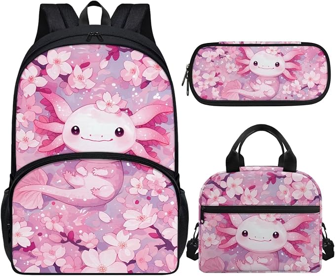 Axolotl Kids Backpack for School Girls Axolotl School Bookbag with Lunch Box Pencil Case Set 3Pcs Floral Kids 17inch Cute Schoolbag Primary Middle School by Vanideaoty