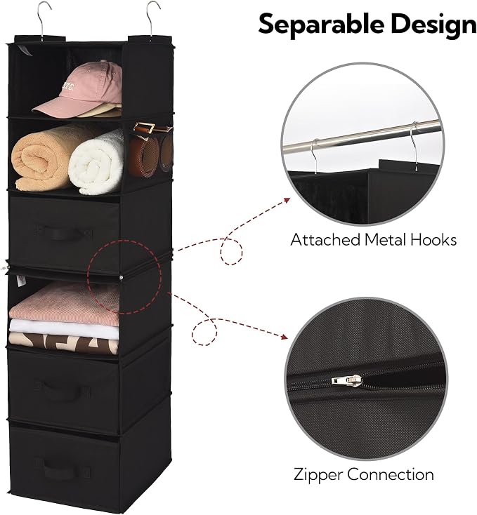 GRANNY SAYS 6-Shelf Hanging Closet Organizers and Storage, Separable to 2 Pack 3-Shelf Closet Hanging Organizer with 3 Drawers, 4 Side Pockets Hanging Shelves for Closet, Nursery, Black - Image 7