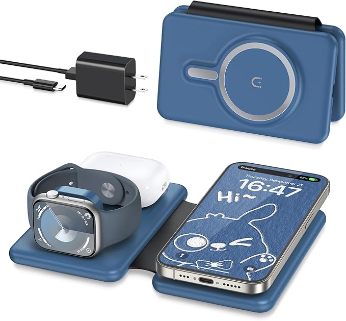 Wireless Charger iPhone - 3 in 1 Charging Station for Apple Devices for iPhone 17 16 15 14 13 12 Pro Max Plus - Foldable Magnetic Charging Pad for Apple Watch Series & Airpods Series