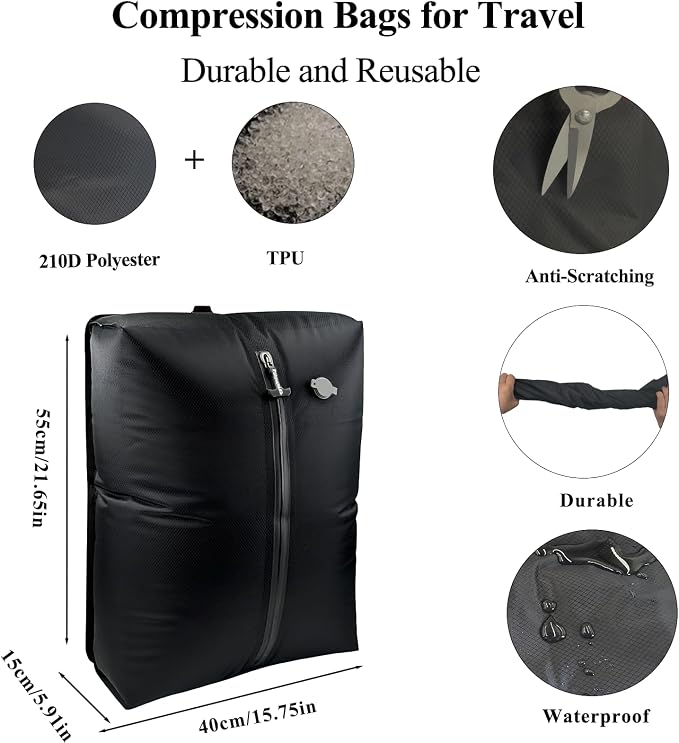 Travel Vacuum Bags with Pump 33L(21.65x15.75x5.91") Large Size IP67 Reusable Space Saver Compression Packing Storage Organizer Cube for Luggage CarryOn Suitcases & Backpack (2 Bag- BLACK) - Image 6