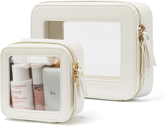Popvibe Clear Makeup Case Toiletry Bag Travel Clear Cosmetic Bag with Zipper, Make Up Bag Organizer Traveling TSA Approved Transparent Makeup Bag Car for Essentials, Mini & Medium, White by POPVIBE