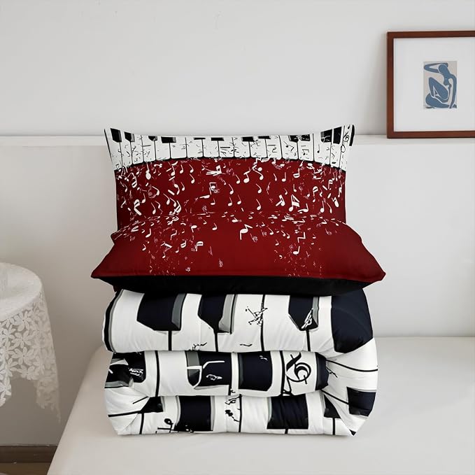 Erosebridal Music Notes Comforter Set for Kids Boys Teens Men Piano Keys Down Comforter King Size Rock Musical Bedding Set Play Piano Duvet Sets Music Bedroom Decor with 2 Pillow Cases Red Black - Image 6
