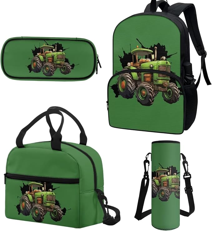 Farm Tractor Backpack for Kids Cartoon Tractor School Bag Set with Large Pencil Holder Pouch Crossbody Water Bottle Holder Bag Insulated Lunch Box Student Back to School Gift - Image 2