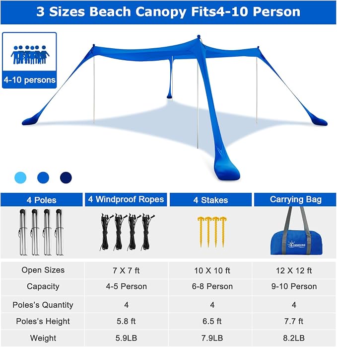 COMMOUDS Beach Tent Sun Shelter - UPF50+ Pop Up Beach Canopy with Sandbags & Sand Shovel & Windproof Poles, Portable Sun Shade for Beach, Camping, Picnics, Backyard - Image 2