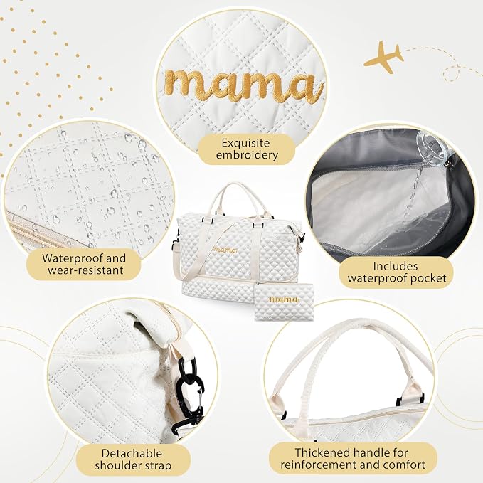 Dansydaisy Mama Hospital Bag for Women Labor Delivery Travel Duffle Bag with Shoe Compartment and Toiletry Pouch Waterproof Letter Embroidered for Pregnancy Weekend Overnight Gym Gift, White - Image 4