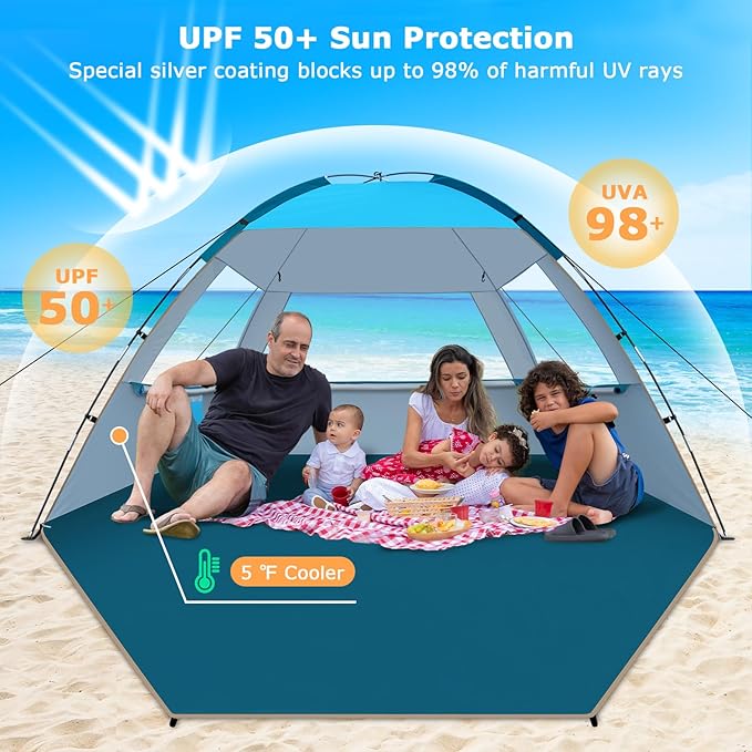 COMMOUDS Beach Tent Sun Shelter for 3/4/6/8 Person, UPF 50+ UV Protection Beach Shade Canopy Tent, Lightweight, Easy Set Up and Carry - Image 3