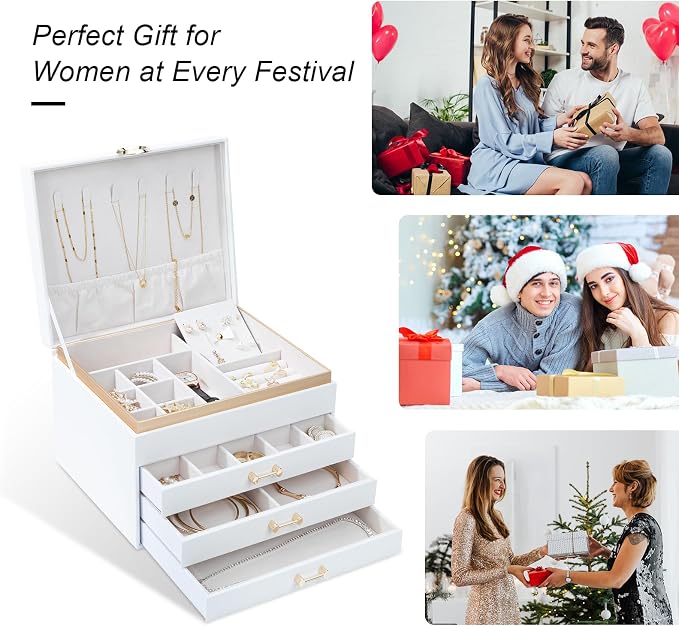 Jewelry Organizer Box, Women Jewelry Box White Jewelry Case 3-Layer with 3 Drawers, Jewelry Boxes for Women Jewelry Organizer, White - Image 8