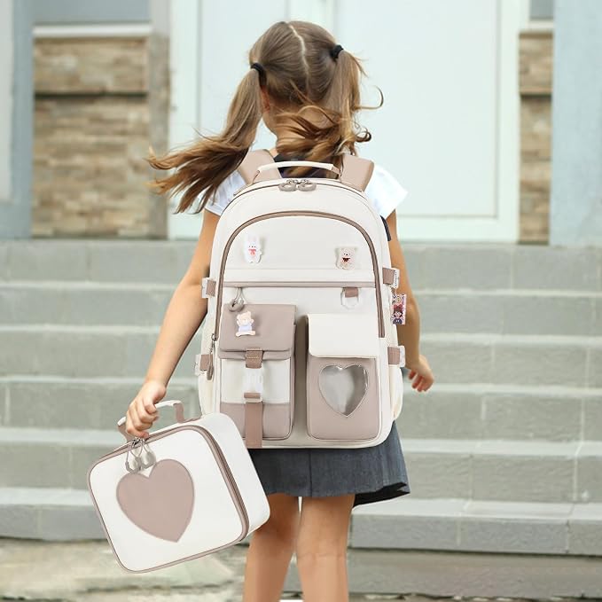 ACESAK Backpack for Girls - Bookbag Backpacks Schoolbag for Girls Kids Teen Women Casual Travel Daypacks - School Bag Elementary Middle School College Cute Backpack with Lunch Box (Khaki White) - Image 6