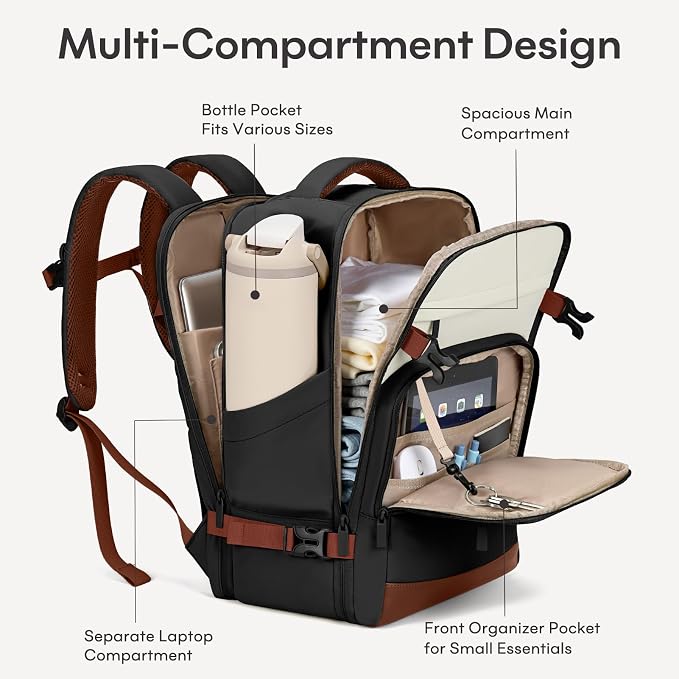 mibasies 40L Travel Backpack for Women & Men: Flight Approved Carry On Backpack, TSA Personal Item Bag with Water Bottle Pocket, Weekender Essentials Backpacks fits 17" Laptop - Black White Brown - Image 3