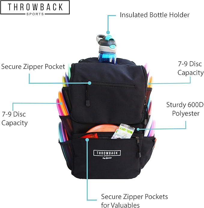 Throwback Sports Insulated Disc Golf Backpack with Cooler for 16+ Frisbees, Water Bottle Holder, Padded Straps, Quick-Access Pockets - Durable Disc Golf Bag for All-Day Comfort - Image 3