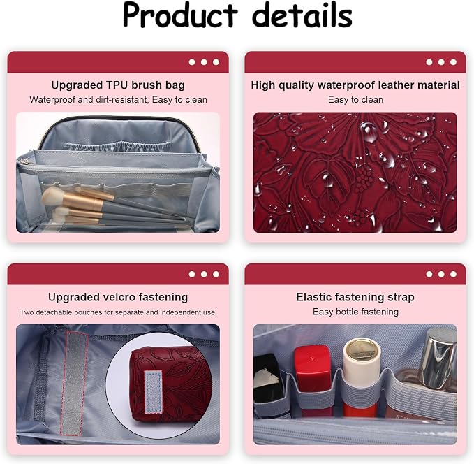 BOYATU Travel Makeup Bags Cosmetic Organizer Bag: 3-Set Large Capacity Make up Bag - PU Leather Toiletry Bags for Women - Wide Open Portable Pouch with Divider & Handle (02-Dark Red) - Image 4
