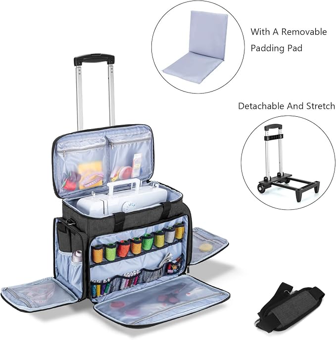 LUXJA Sewing Machine Case with Detachable Dolly, Black | Rolling Tote with Removable Bottom Pad for Most Standard Sewing Machines, Patented Design - Image 2