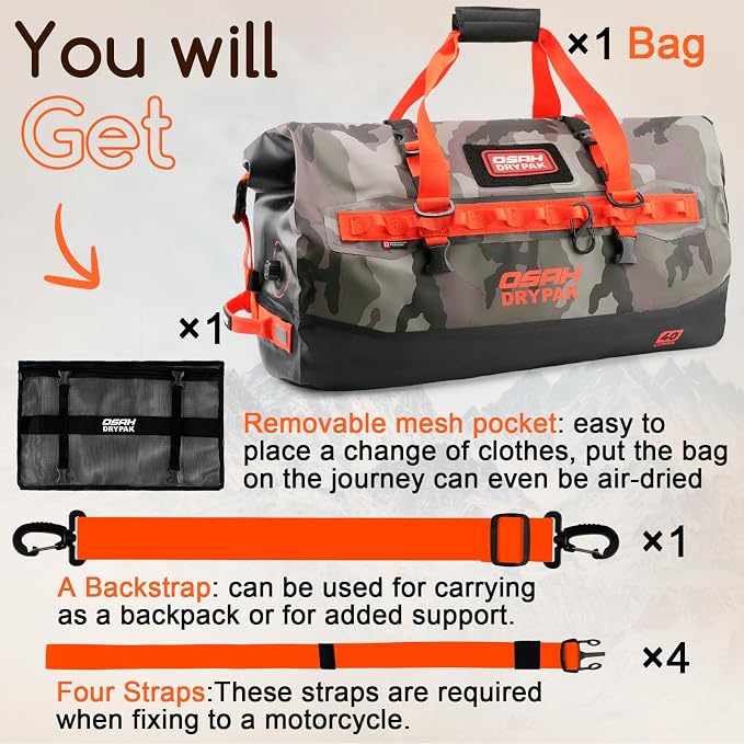 OSAH DRYPAK Waterproof Duffel Bag 25L/40L/60L – Heavy-Duty Motorcycle Tail Bag, Roll-Top Dry Bag for Travel, Camping, Boating, Kayaking, Outdoor Adventure - Image 8
