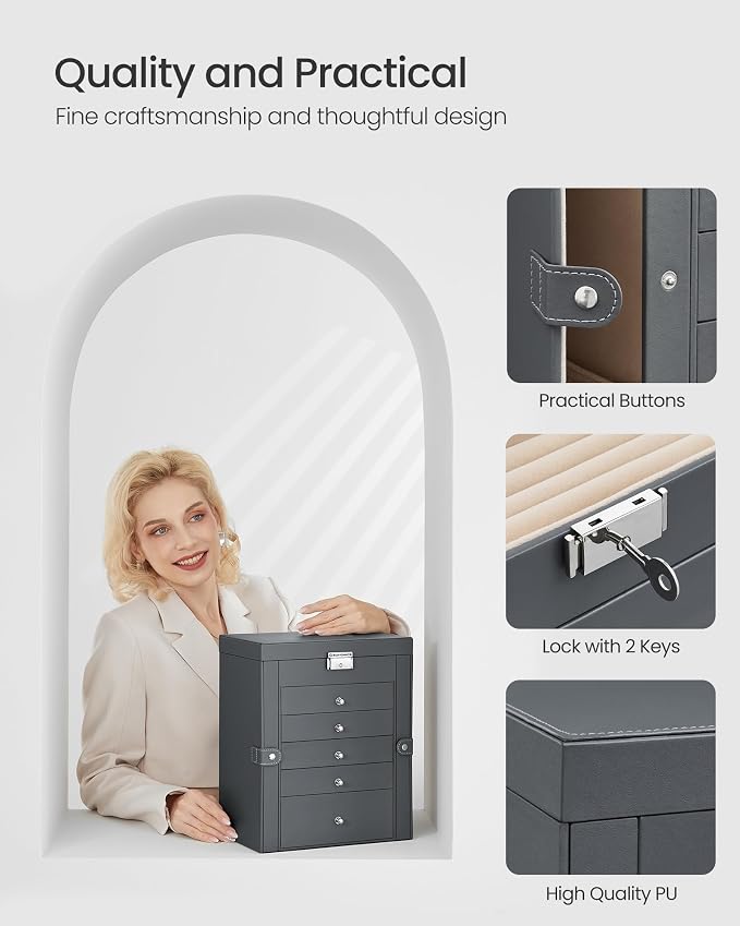 SONGMICS 6-Layer Jewelry Box Organizer with 5 Drawers, Jewelry Storage Case with Lock and Mirror, Large Storage Capacity, Gift for Loved Ones, for Necklaces, Watches, Gray UJBC152G01 - Image 6