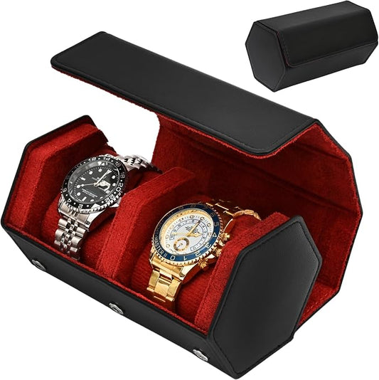 Luxury Hexagonal Leather Travel Watch Roll for 2 Watches, Black Red | Multiple Watch Capacity,Premium Hexagon Leather,Velvet M-Shaped Cushions,Secure Snap Closure,Storage Organizer by Unknown