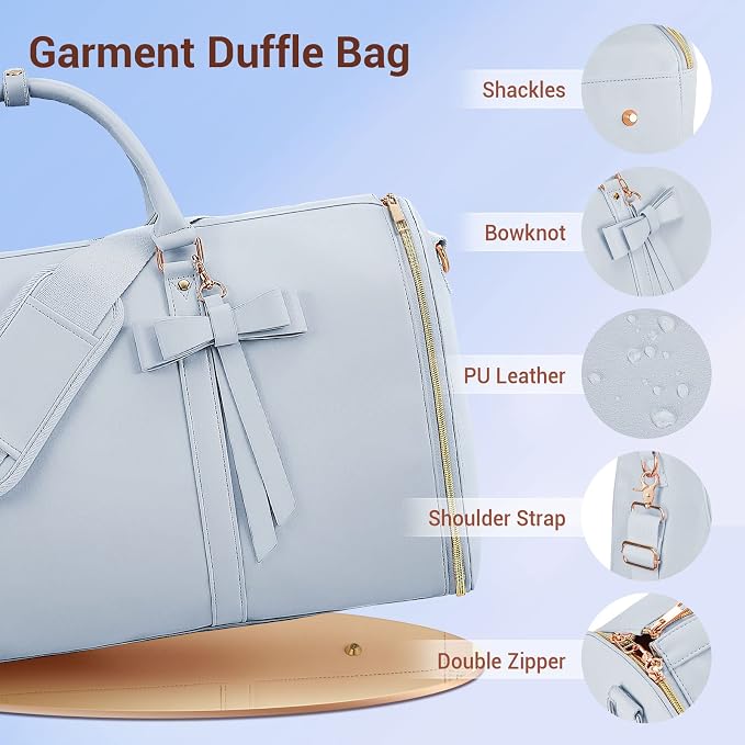 Garment Bags for Travel, Convertible Suit Travel Bag for Women, Stylish Carry On Garment Bag with Toiletry Pocket, Shoulder Strap and Shoes Compartment, 2 in 1 Foldable PU Leather Duffle Bag, Blue - Image 3