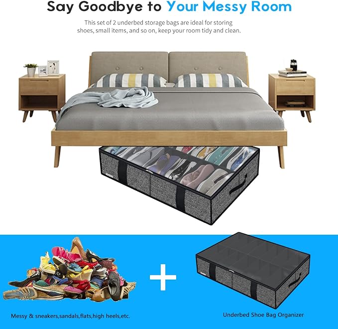 Onlyeasy 2 Pack Under Bed Shoes Storage Bag Organizer (14+4 Pairs), Collapsible Shoe Boot Container with Handles, Underbed Storage Solution for Kids & Adults, 86x60x15cm, Linen-like Black, MXAUBS14S4 - Image 7