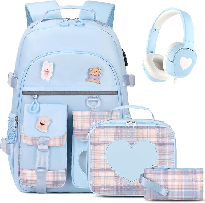 ACESAK Backpack for Girls with Headphones - Girls Backpack with Lunch Box, Pencil Case & Kids Headset - 3.5mm Wired Headphones for School Bookbag Schoolbag Set Back To School Gift (Blue) by ACESAK