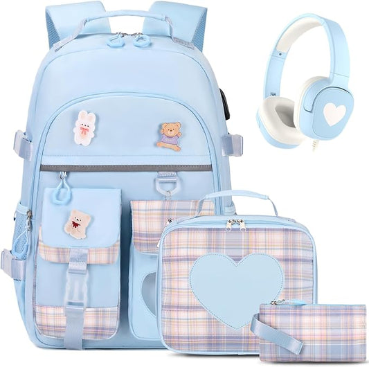 ACESAK Backpack for Girls with Headphones - Girls Backpack with Lunch Box, Pencil Case & Kids Headset - 3.5mm Wired Headphones for School Bookbag Schoolbag Set Back To School Gift (Blue) by ACESAK