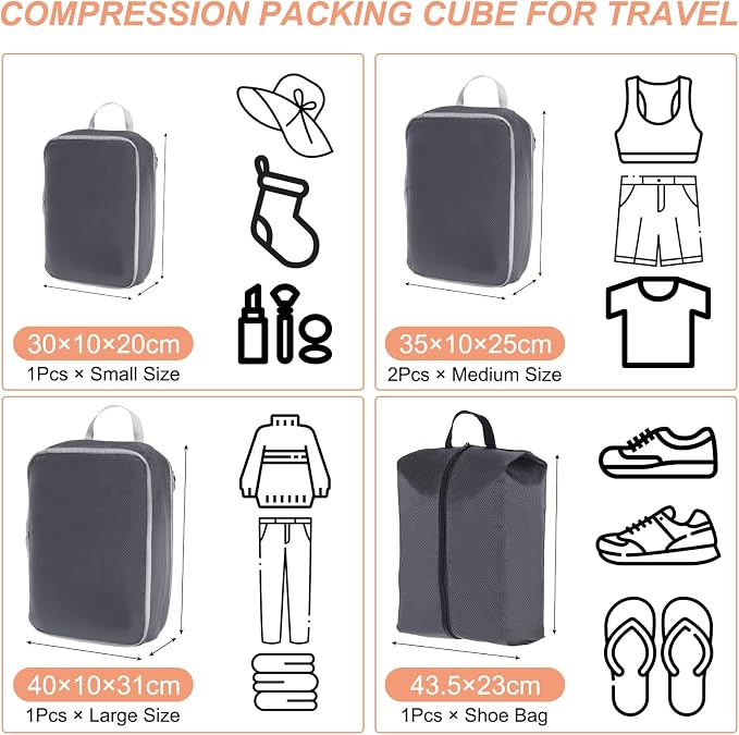PATIKIL Compression Packing Cube for Travel, 5 Set Waterproof Travel Packing Cube Compression Nylon Luggage Organizer Bags Shoe Bag for Suitcases Backpack, Gray - Image 2