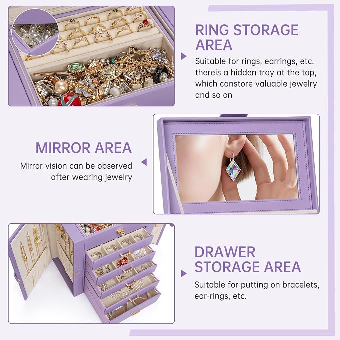 AKOZLIN 6-Tier Jewelry Box Organizer Functional 5 Drawers Leather Jewelry Storage Case for Women Girls Ring Necklace Earring Bracelet Holder Organizer with Mirror Medium Violet - Image 2