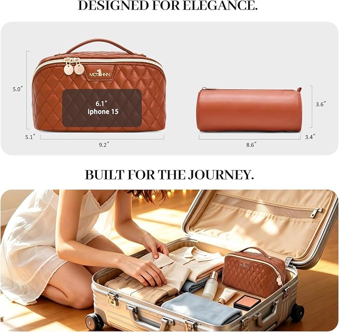Travel Makeup Bags Cosmetic Organizer: 3Pcs Set Puffy Make up Bag for Women | Brown Premium Quilted ELEGANCE Design | Large Capacity Leather Toiletry Bags | Wide Open Compact Case for Travel Essentials - Image 7