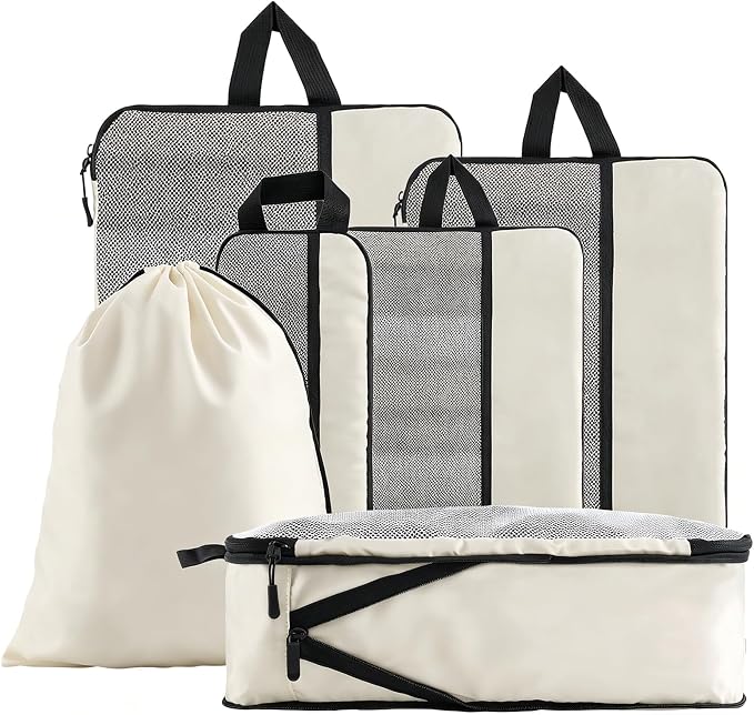 U+U 6 Set Compression Packing Cubes - Ultralight Cream Travel Organizers with Laundry Bag, Space-Saving Suitcase Organizer, Expandable Packing Cubes for Travel and Family Vacation (Cream) by UU