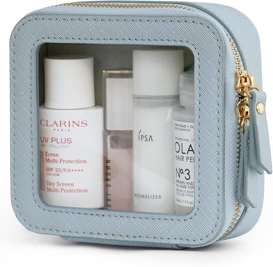 Popvibe Clear Makeup Bag Travel Cosmetic Case Transparent Toiletry Bag with Zipper, Portable Make Up Organizer Traveling Compact Car Bag for Essentials, Light Blue, Mini by POPVIBE