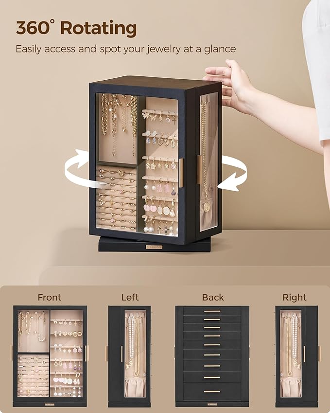 Glimmloop 360° Rotating Jewelry Box with 9 Drawers, Spacious Vertical Jewelry Organizer with Glass Window, Jewelry Storage Case, Dustproof & Moisture-resistant Design, Black - Image 4