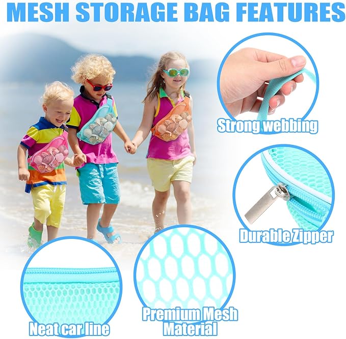 Kinlop 8 Pcs Beach Mesh Fanny Pack with Adjustable Straps, Sea Shell Collecting Bags for Coast, Lightweight Waist Pack for Picking up Seashells Rock Storing Clothes Vacation Travel Beach Essentials - Image 3