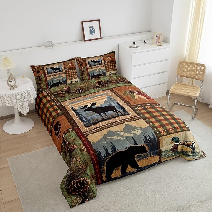 Erosebridal Happy Camping Comforter Set for Cabin Lodge Southwest Hunting Animal Bedding Set Tribal Camper Themed Comforter Sets Farmhouse Hunting Bear Moose Duvet Insert with 2 Pillow Shams,King - Image 4