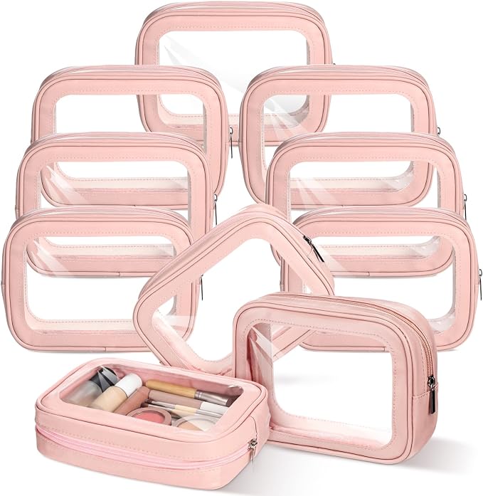 Abbylike 10 Pcs Clear Makeup Bags Bulk Tsa Approved Clear Toiletry Bags with Zipper PU Leather Waterproof Travel Makeup Organizer for Women Wedding Bridal DIY Gifts Bachelorette Party (Pink) by Abbylike