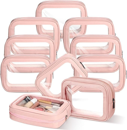 Abbylike 10 Pcs Clear Makeup Bags Bulk Tsa Approved Clear Toiletry Bags with Zipper PU Leather Waterproof Travel Makeup Organizer for Women Wedding Bridal DIY Gifts Bachelorette Party (Pink) by Abbylike