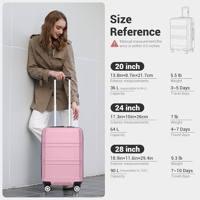 Kono Carry On Luggage 22x14x9 Airline Approved with Spinner Wheels | Lightweight PC+ABS 20 Inch Luggage with TSA Lock,Expandable Hard Shell Carry On Suitcases for Men Women,Pink - Image 8