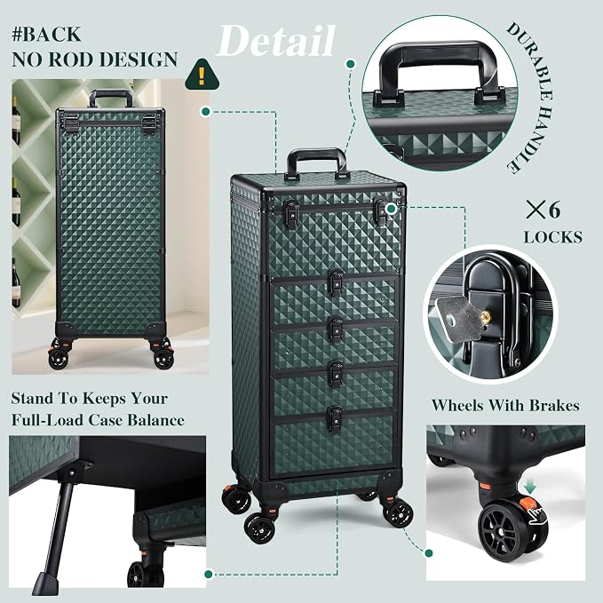 Yueieoun Nail Salon Cart with 4 Drawers,Rolling Makeup Train Case for Beauty,Cosmetology Case on Wheels Trolley Cart,Lockable Organizer Travel Case for Manicure/Face Painting/Hairstylist,DARK GREEN - Image 8