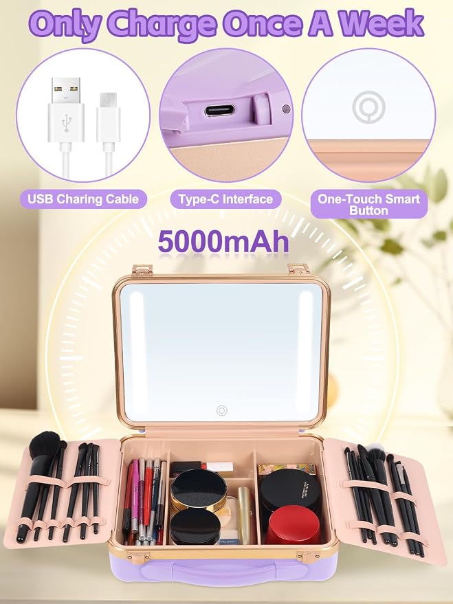 Kalolary Travel Makeup Train Cases with Lighted Mirror 3 Color Setting, Makeup Bag Cosmetic Case Organizer Adjustable Brightness Portable Makeup Storage Box with Detachable 5X Magnifying Mirror Purple - Image 6