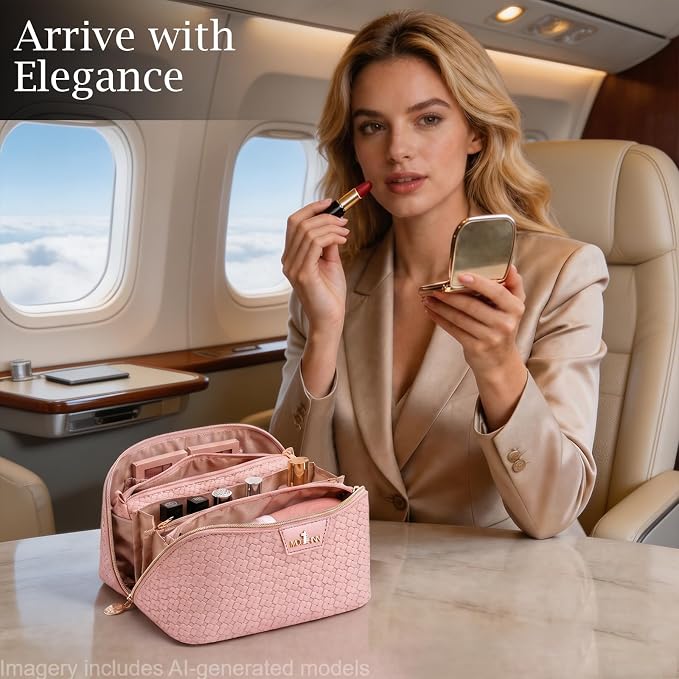 Travel Makeup Bag for Women: 3 Pcs Set Cosmetic Bags for Women - Large Capacity Vagen Leather Hand-made for Toiletry Organizer - Waterproof Ladies Travel Flat Open Essentials for Luxury (01Pink) - Image 3