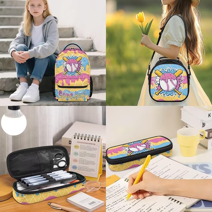 Cone Ice Cream Drip Baseball Print Kids 4-in-1 School Bag, Comfort-Padded Backpack Set with Lunch Box, Pencil Case & Dinosaur Charm Sport Bookbag for Girls Ages 8-12 4th 5th Grade - Image 2