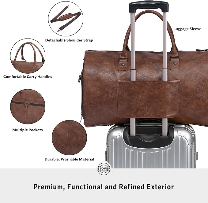 STOVER Garment Travel Duffle Bag, Large 2-in-1 Convertible Carry-on Luggage for Men & Women- Hanging Suits, Dresses & Clothes + Shoe Compartment- Weekender Tote Combo Duffel (Brown Leatherette) - Image 4