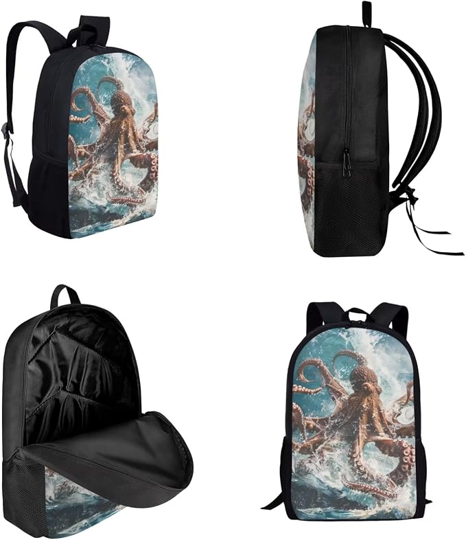 17 Inch Animal Print School Backpack And Lunch Box Set for Kids Lightweight Angry Sea Octopus Backpack for Boys Girls Sturdy School Bag with Insulated Lunchbox Pencil Case Student Bookbag - Image 3