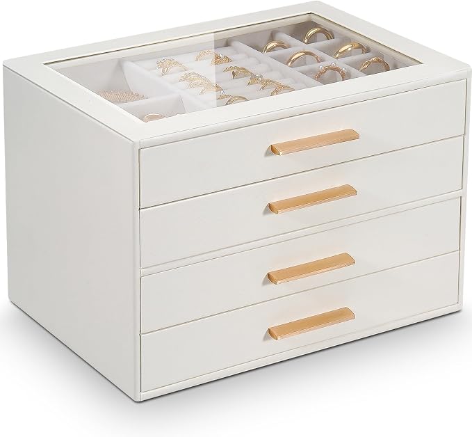 GUOER Jewelry Box for Women 4 Layers, Glass Lid Jewelry Organizer with 4 Drawers Cloud White PU Jewelry Storage Case for Necklaces Rings Earrings Bracelets Mother's Day by GUOER