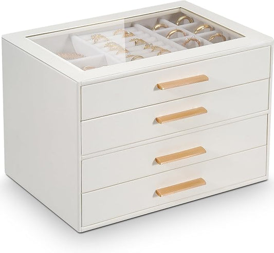 GUOER Jewelry Box for Women 4 Layers, Glass Lid Jewelry Organizer with 4 Drawers Cloud White PU Jewelry Storage Case for Necklaces Rings Earrings Bracelets Mother's Day by GUOER