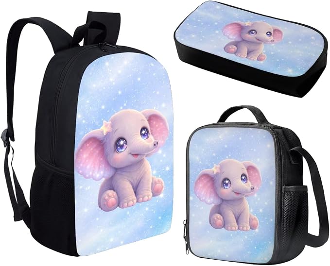 Forchrinse Cute Elephant Backpack for Girls 17 Inch School Bag with Lunch Box Pencil Case Kids Bookbag School Backpacks 5th 6th Grade Elementary Kindergarten Preschool Daypack - Image 2