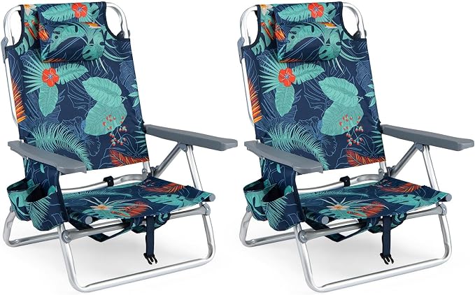 Giantex Folding Beach Chair, Patio Sling Chairs with 5 Adjustable Position, Head Pillow, Storage Bag, Towel Bar, Cup Holders, Backpack Chairs for Sunbathing, Camping Chair by Giantex