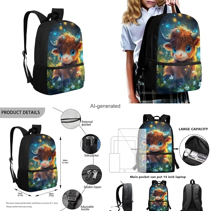 Cute Highland Cow Backpack for Girls Kids Backpack with Lunch Box Water Bottle Holder and Soft Pencil Case 4 PCS Set Sturdy Bookbag with Front Pocket 17 inch Lightweight Elementary School Bag - Image 3