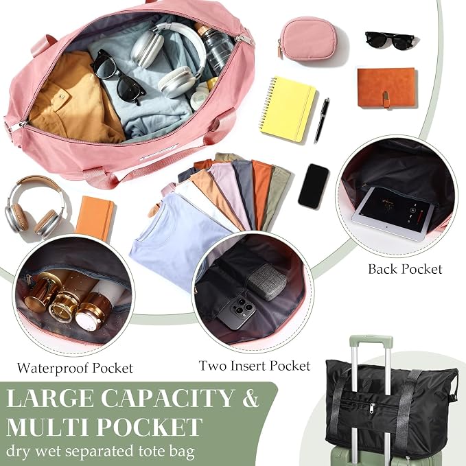 9 Pack Expandable Travel Bags Bulk, Foldable Duffel Bag for Travel Waterproof Shoulder Weekender Overnight Totes with Wet Pocket Sports Gym Totes Airport Carry on Luggage for Women Men - Image 3